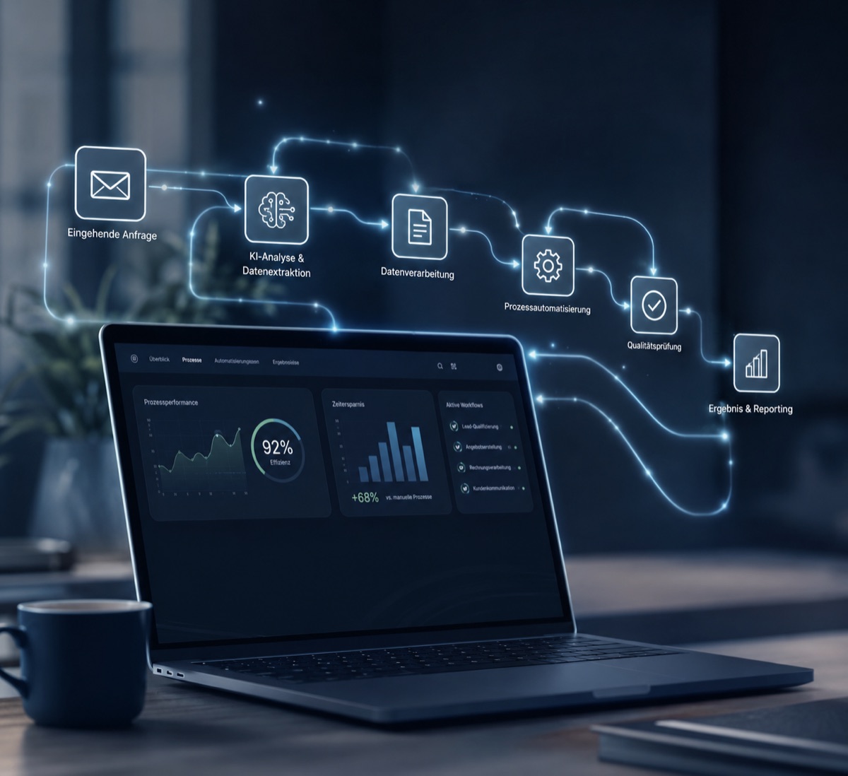 Automatisierter Workflow: von der eingehenden Anfrage über KI-Analyse bis zu Ergebnis und Reporting
